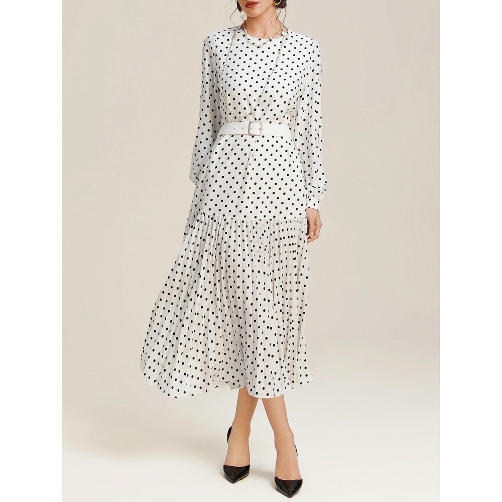 FEHAUTE White Black Polka Dot Pleated Maxi Dress Balloon Sleeve A-Line Sz 10 NWT - Picture 15 of 16